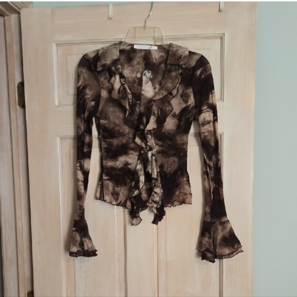 Altar'd State Brown Tie-Dye Floral Ruffled Blouse Small